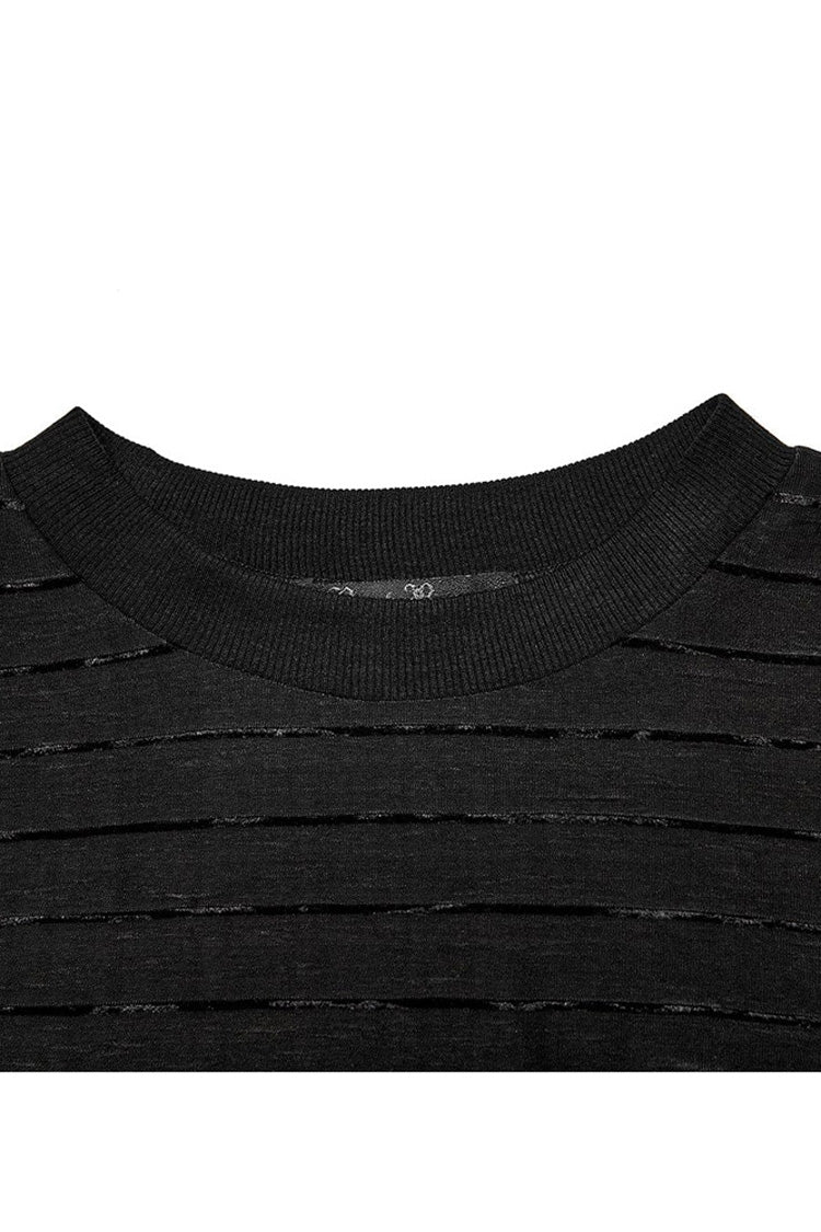 Gothic Velvet Tee with Striped Flared Sleeves, Asymmetric Hem