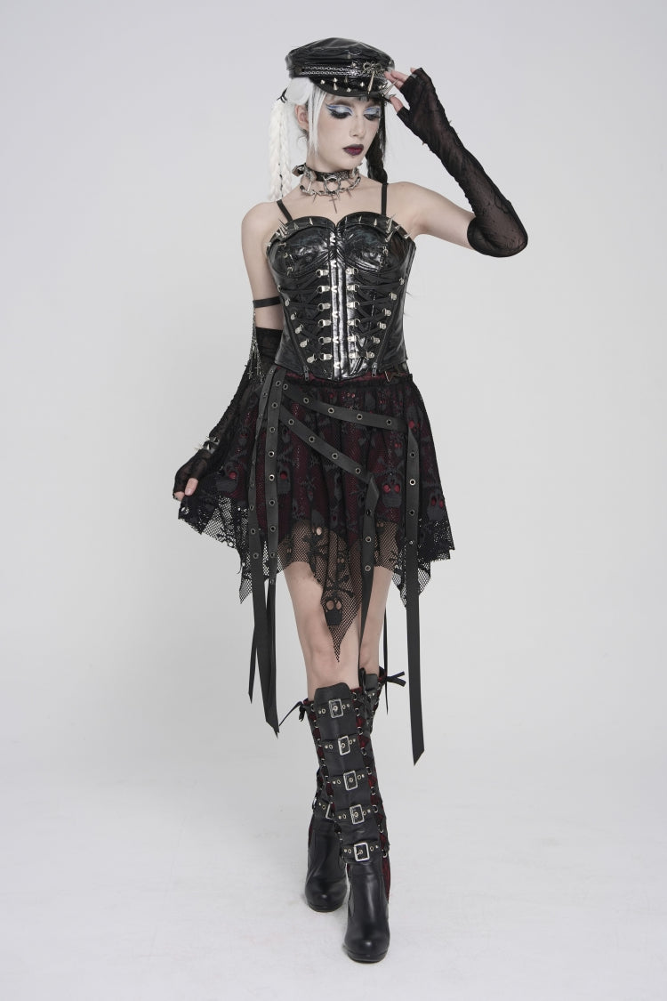 Noir & Scarlet Mesh Eyelet Laced Punk Skirt with Asymmetric Hem