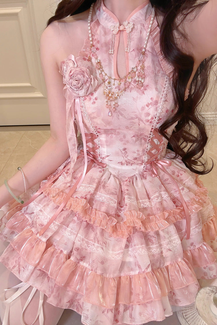 Rose Moon Bamboo Halter Multi-Tier Printed Frill Sweet Chinese Lolita Gown in Two Tones