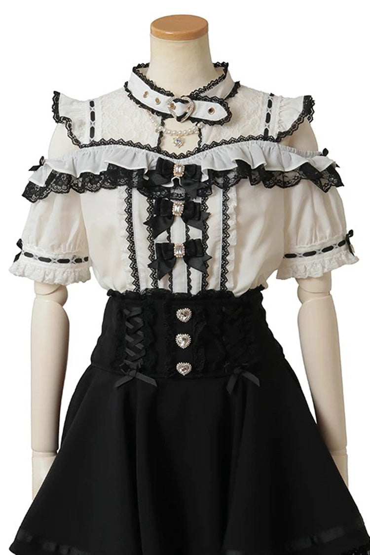 Chic Off-Shoulder Bow-Embellished Lace Blouse with Choker in Three Tones