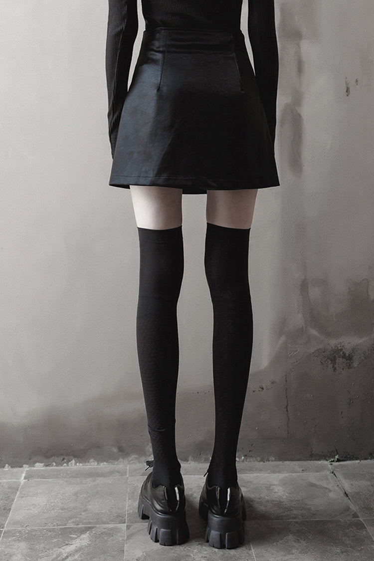 Leather Punk Skirt with Lace Slit and Rivet Trim