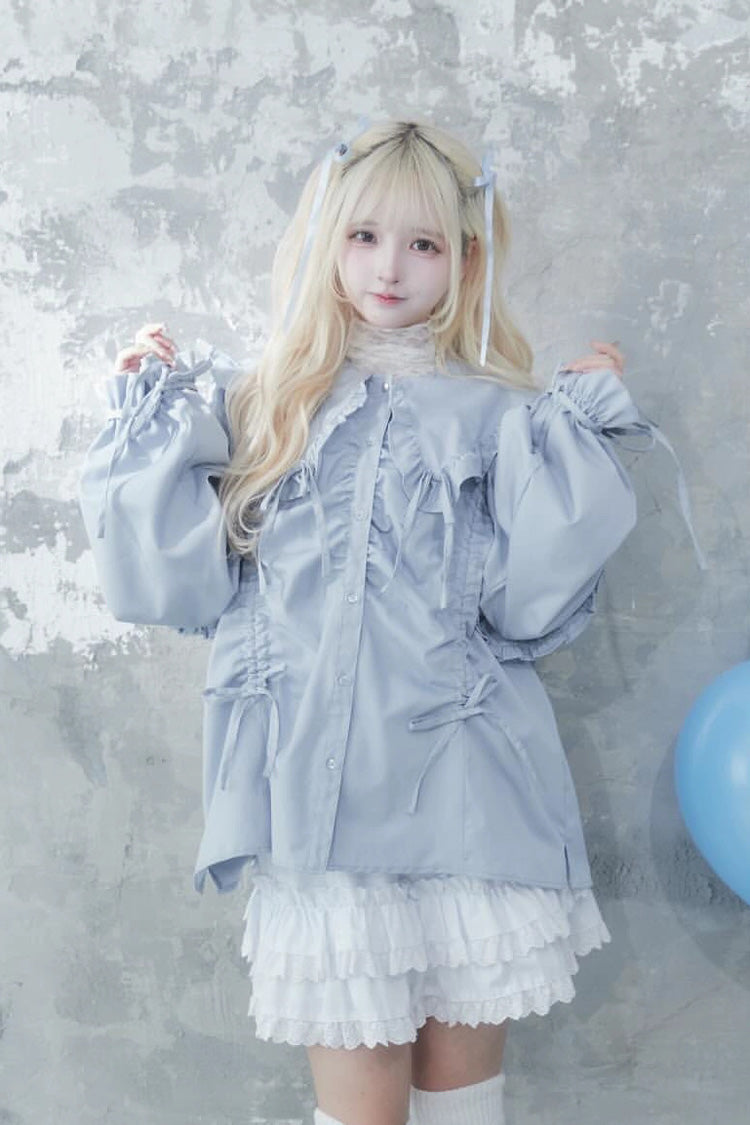 Japanese Blouse with Doll Collar, Long Sleeves, Ruffles, and Bow, 3 Colors