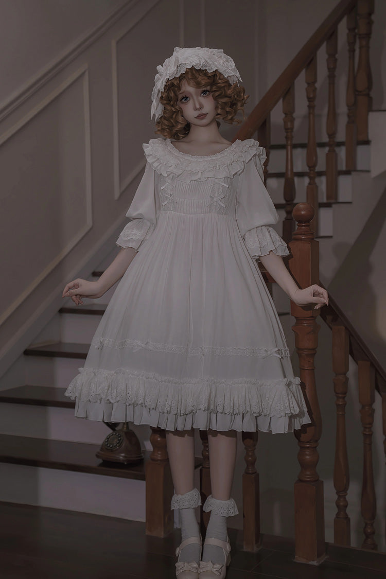 Ivory Short Sleeve Ruffle Bow Lace-Up Gothic Dress