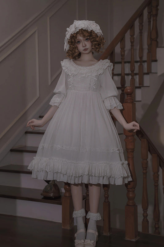 White Good Morning Short Sleeved Ruffled Bow Lace-Up Gothic Lolita Dress