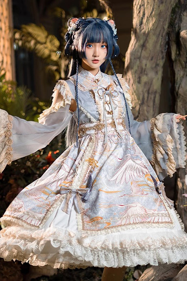 Chinese Style Long Sleeve Print Ruffle Lace Sweet Lolita Dress