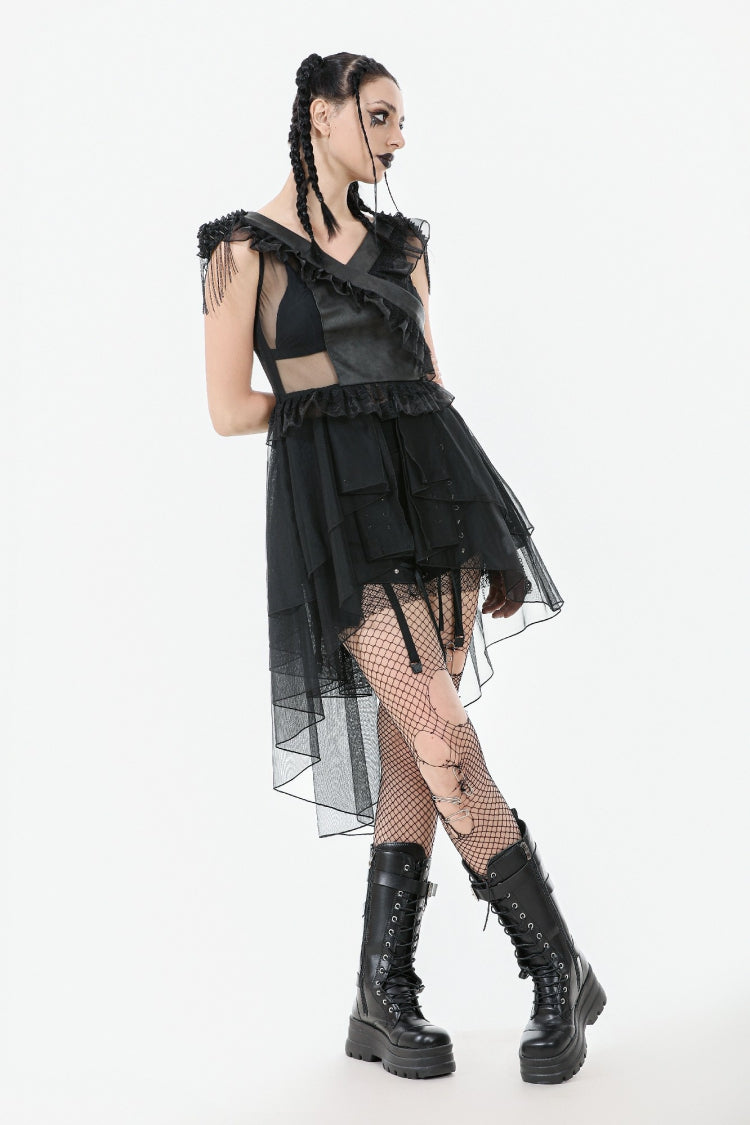 Layered Ruffled Sheer Mesh Punk Dress with V-Neck