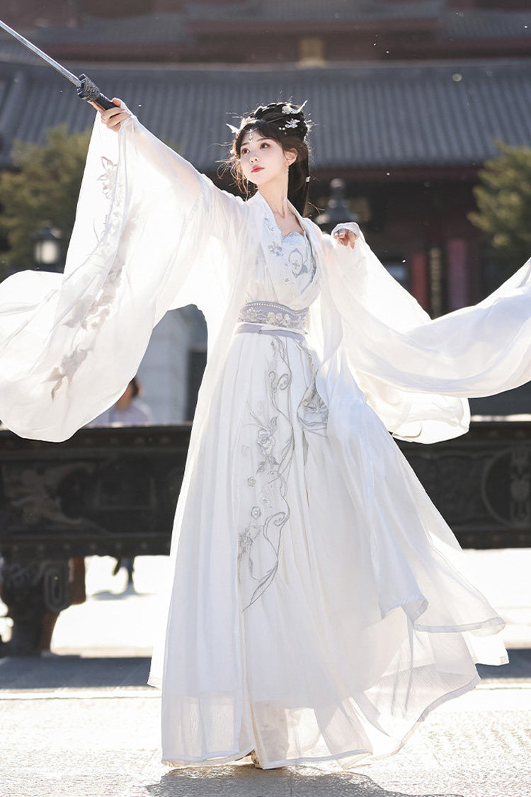 Ivory High Waisted Embroidered Hanfu Dress Set - Silver Moon