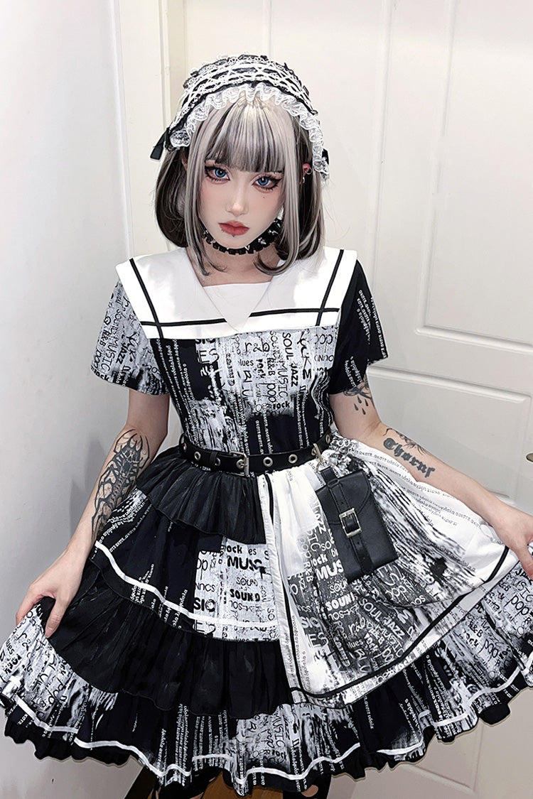 Black Short Sleeve Layered Ruffle Bowknot Asymmetric Punk Lolita Dress