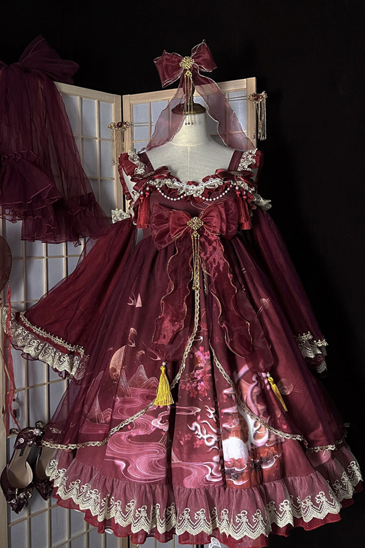 Classic Chinese Princess JSK Dress with Fox Print and Ruffled Bow - Nine-tailed Fox, 2 Tones