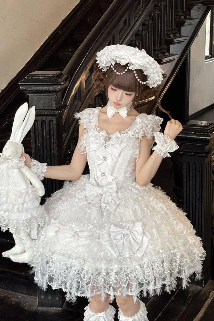 Ivory Gothic JSK with Pearl Bowknots and Layered Ruffles - Cloudborne Snowfeather