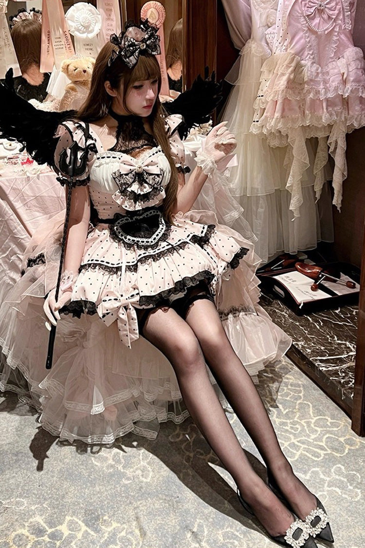 Pink Halterneck Short Sleeve Print Ruffle Bow Maid Dress