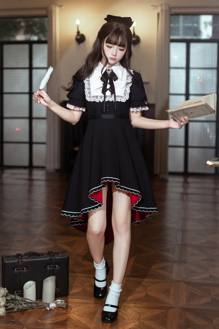 Rosalind Lapel Collar Short-Sleeve Bow Lace Gothic Maid Lolita Dress