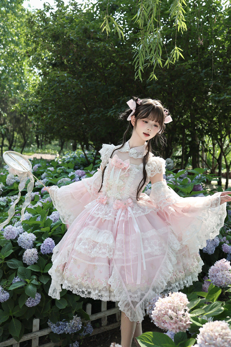 Spring Entwined with Cherry Clouds Short Sleeves Embroidered Bow Lace Sweet Chinese Style Lolita Dress - Pink