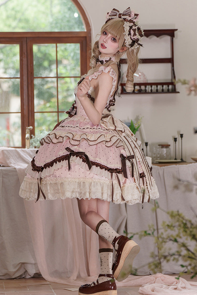 Sleeveless Print Ruffle Bow Lace-Up Sweet Elegant Lolita Jumper Dress - Pink