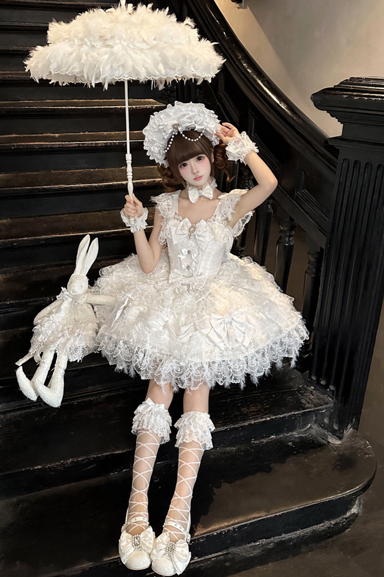 Ivory Gothic JSK with Pearl Bowknots and Layered Ruffles - Cloudborne Snowfeather