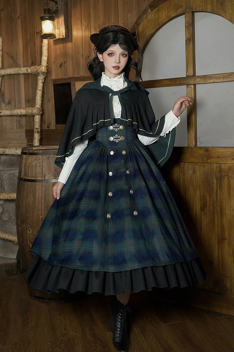 Blue Green Berlin Letter Double-Layered Plaid Print Ruffle Bowknot Classic College Style Lolita Strap Dress Set