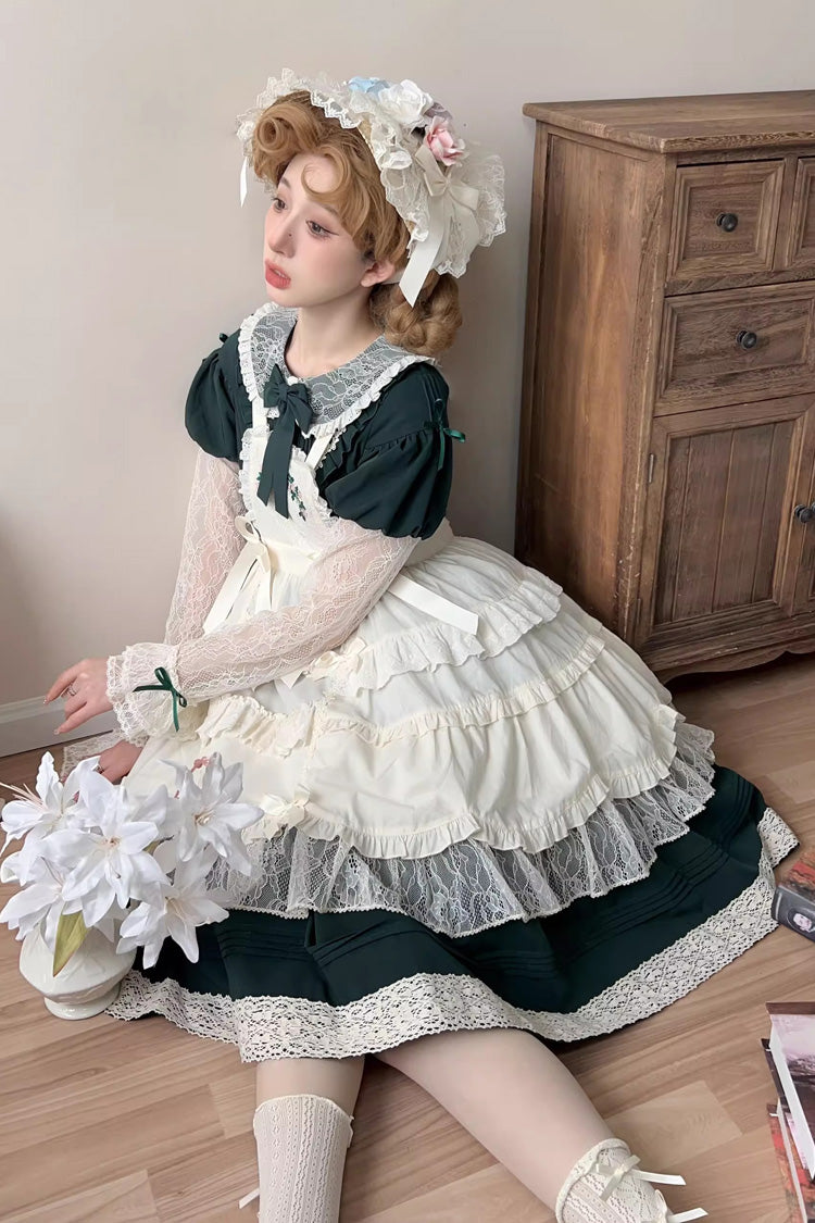 Lapel Collar Long Sleeve Embroidery Bow Lace Sweet Lolita Dress - Green