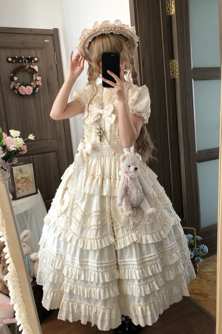 Apricot Sweet Lolita JSK Dress with Multi-Layer Ruffles and Bow Accents