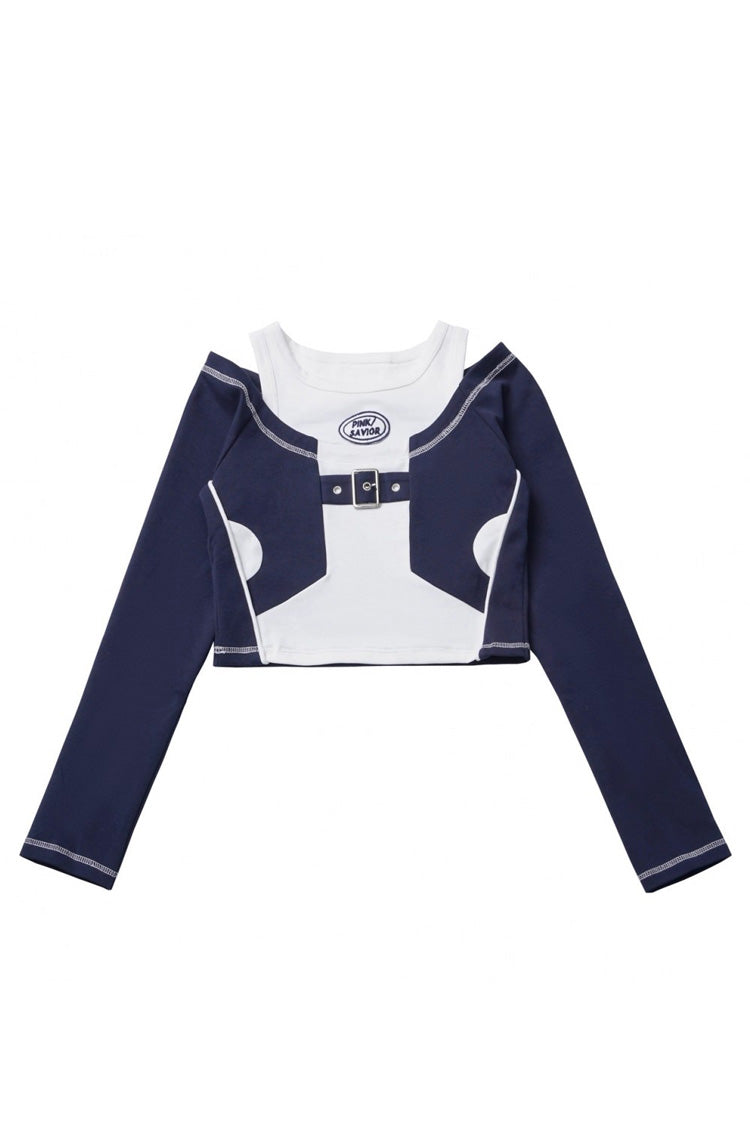Blue/White Message Overload Techwear Long Sleeves Embroidered Asymmetric Jirai Kei Coat & Skirt Set