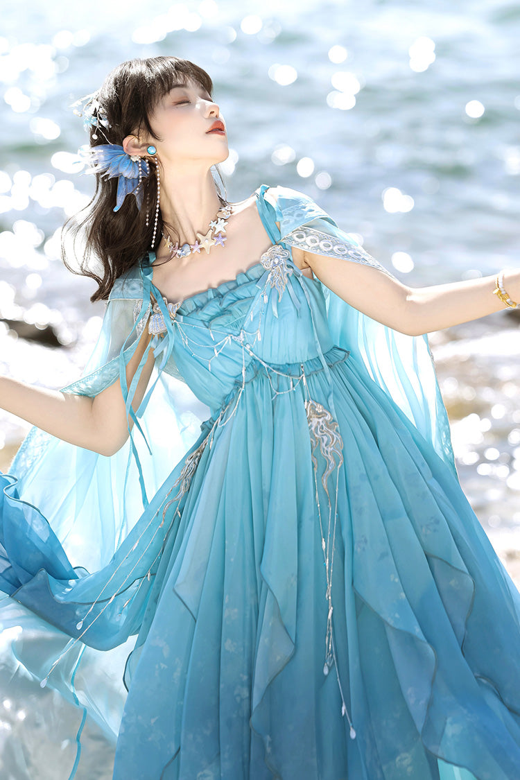 Gradient Print Irregular Hooded Sweet Lolita Jumper Dress Cloak Set - Blue