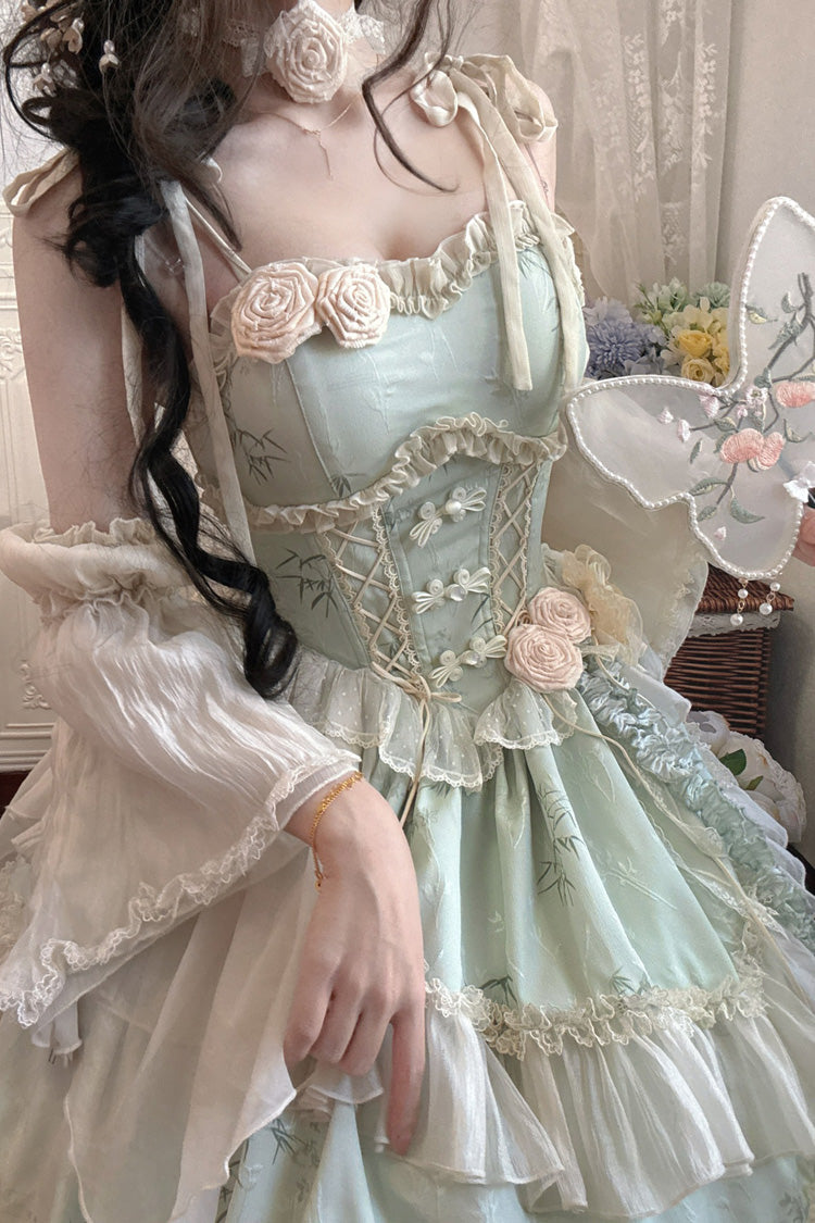 Tea Bamboo Song Green Sleeveless Jacquard Ruffle Bowknot Lace Irregular Sweet Chinese Style Ballet JSK Dress Set