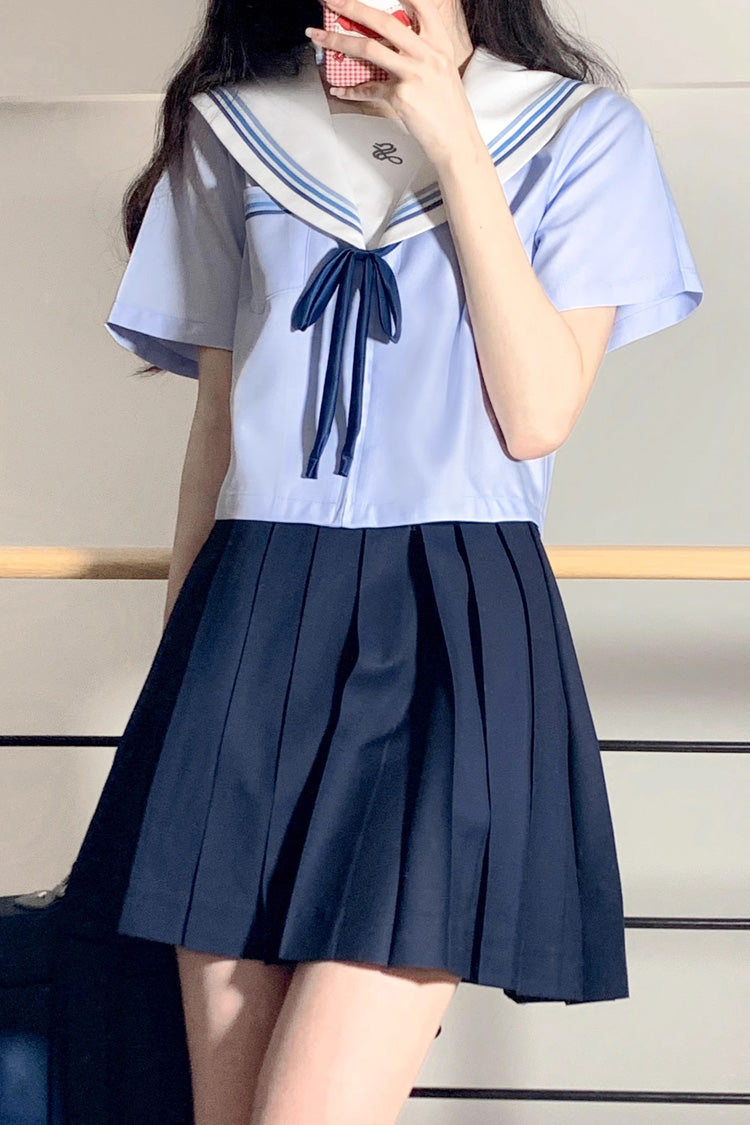 Navy Sailor-Inspired Pleated School Skirt with Sweet Charm