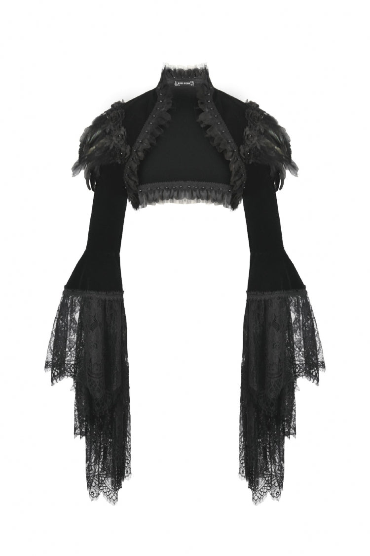 Spliced Velvet Long Flared Sleeve Floral Feather Gothic Cape for Women Lace