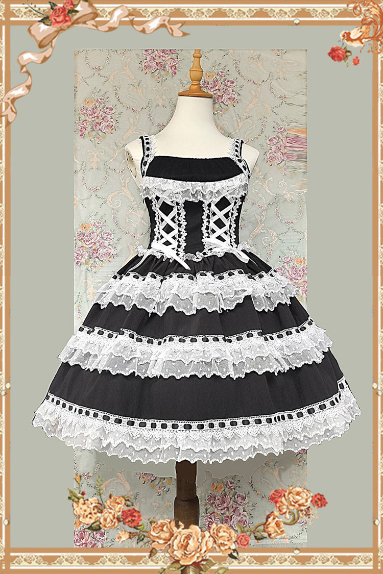 Black/White Sleeveless Ruffled Sweet Lolita JSK Dress Lace-Up - Doll in the Mirror