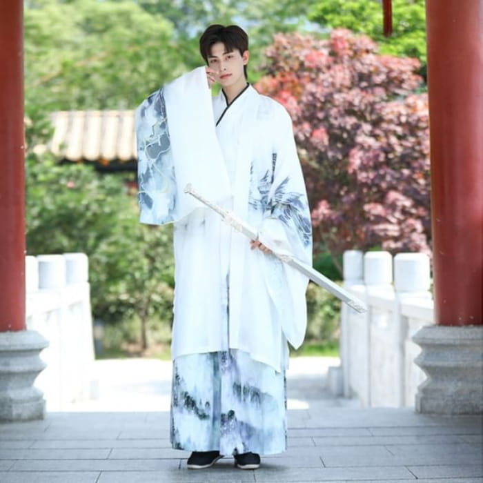 Eagle Print Hanfu Robe / Long - 1 Pc - White / S