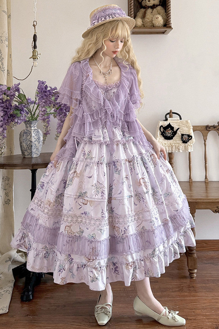 Violet Pea Squirrel Sleeveless Pastoral Print Ruffled Embroidered Lace JSK
