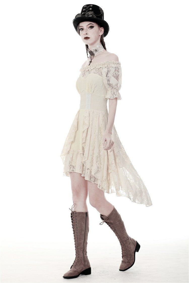 Beige Ruched Off-Shoulder Short Sleeve Steampunk Vintage Gown