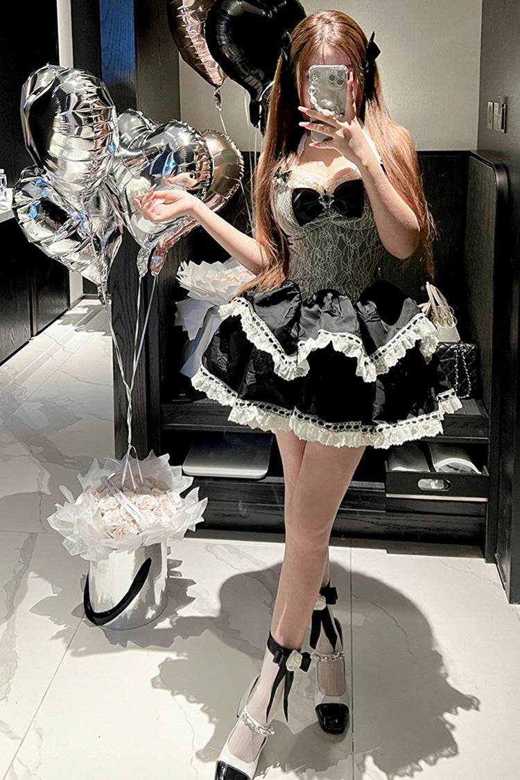 Black Halterneck Bow Lace Gothic Dress - Asking For A Kiss