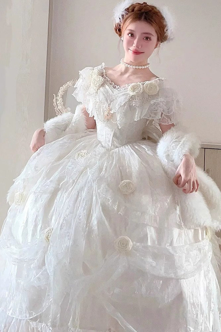 White Rose-Printed Sweet Strapless Dress with Ruffled Sleeves