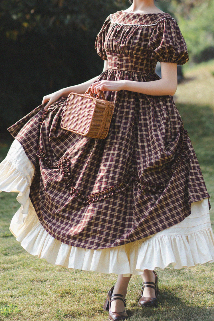 Crimson Forest Picnic Boatneck Tee-Frill Hem Vintage Elegant Lolita Gown