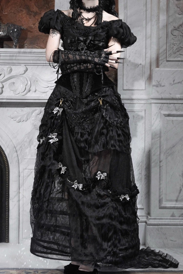 Ebony French Ruffle Embroidered Lace Long Skirt - Cupid’s Magic Box