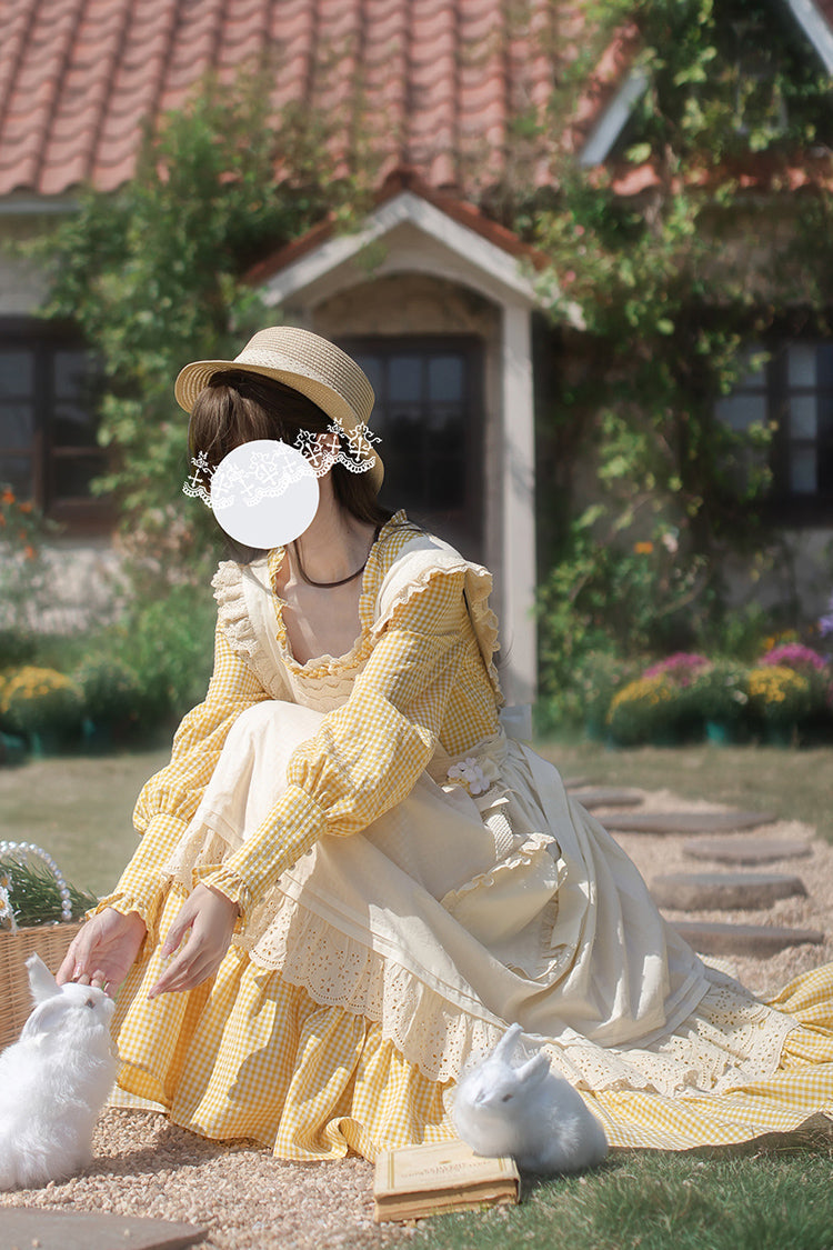 Yellow Long Sleeve Print Dress with Lace-Up and Ruffles