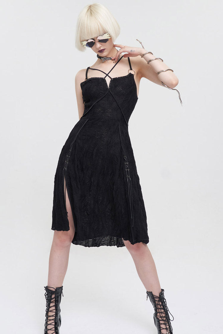 Suspenders Slit Hem Wave Stretch Fabric Punk Dress