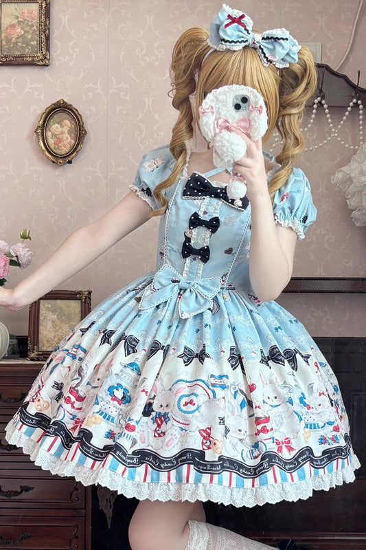 Square Collar Short Sleeve Print Ruffle Sweet Lolita Dress Blue