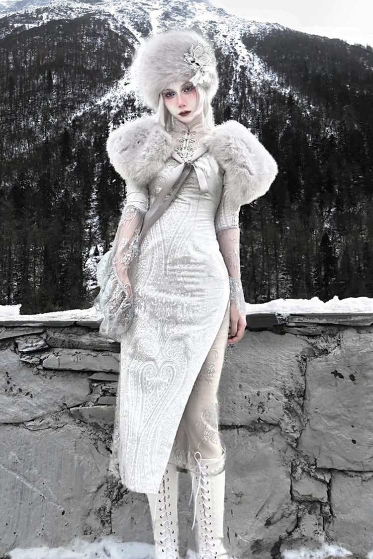 Silver High-Waisted V-Neck Long Sleeve Lace Ruffle Gothic Fishtail Dress - The Call of the Snow Country