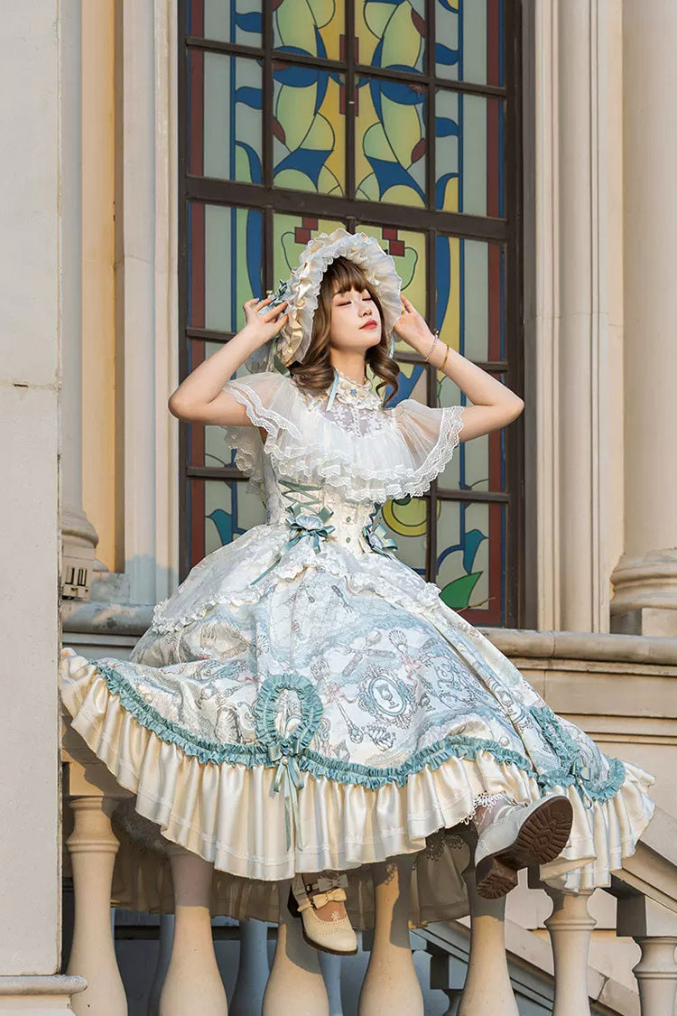 Cream Cloudborne Prelude Edwardian Collar Jacquard Printed Bow Frilled Lace Fishbone Classic Sweet Lolita Dress