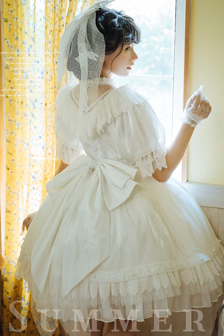 White Layered Ruffle Hanayome Hollow Bow Lace Vintage Gorgeous Lolita Dress
