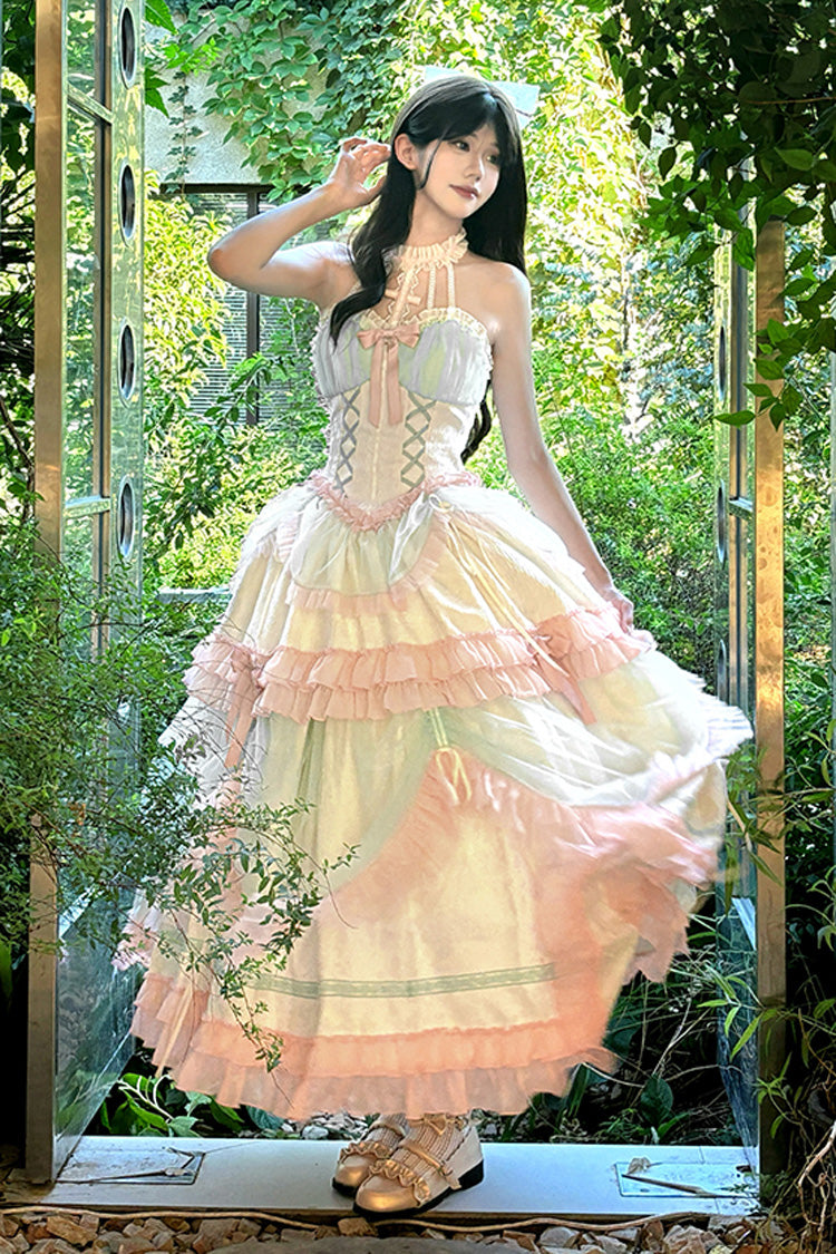 Multi-Color Mermaid Halterneck Lace-Up Sweet Lolita Dress - Ruffled Bowknot