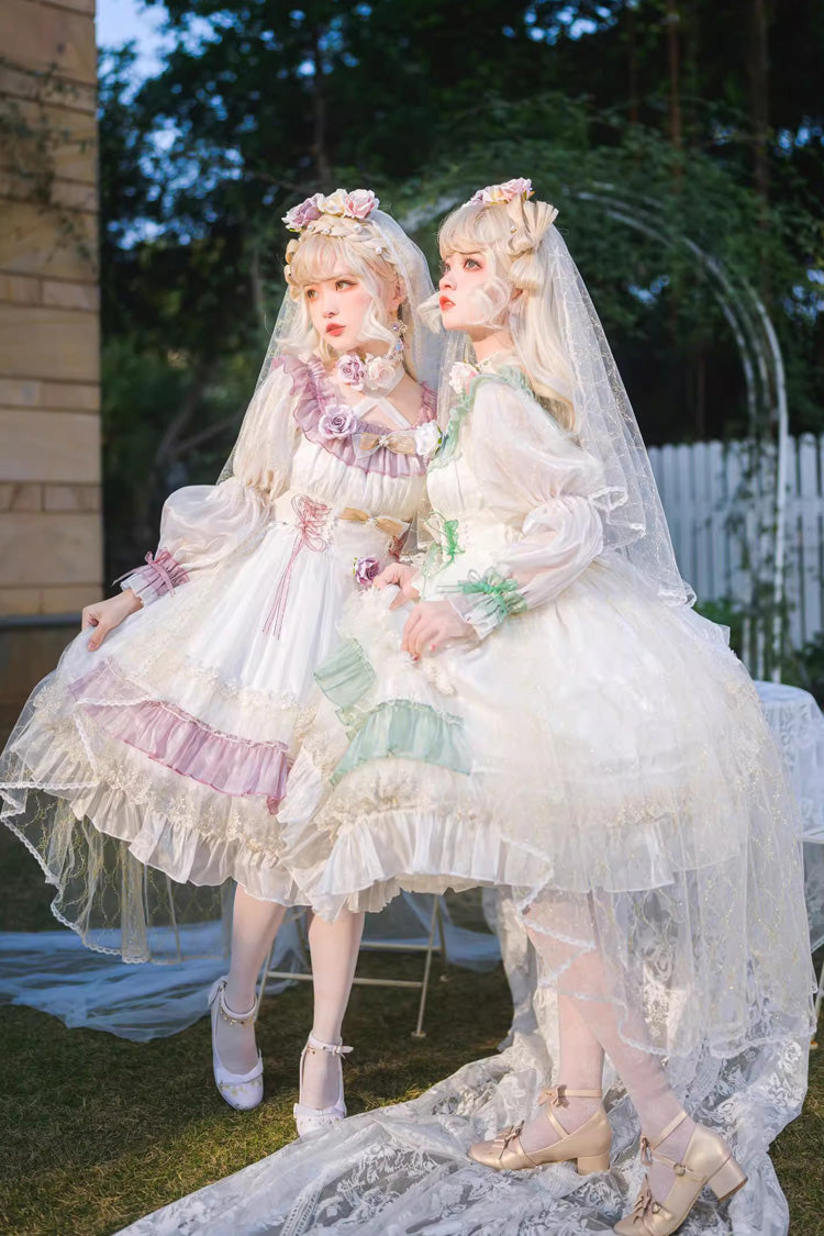 Long Sleeve Multi-Layer Ruffle Bow Lace Lace-Up Sweet Princess Lolita Dress - Green