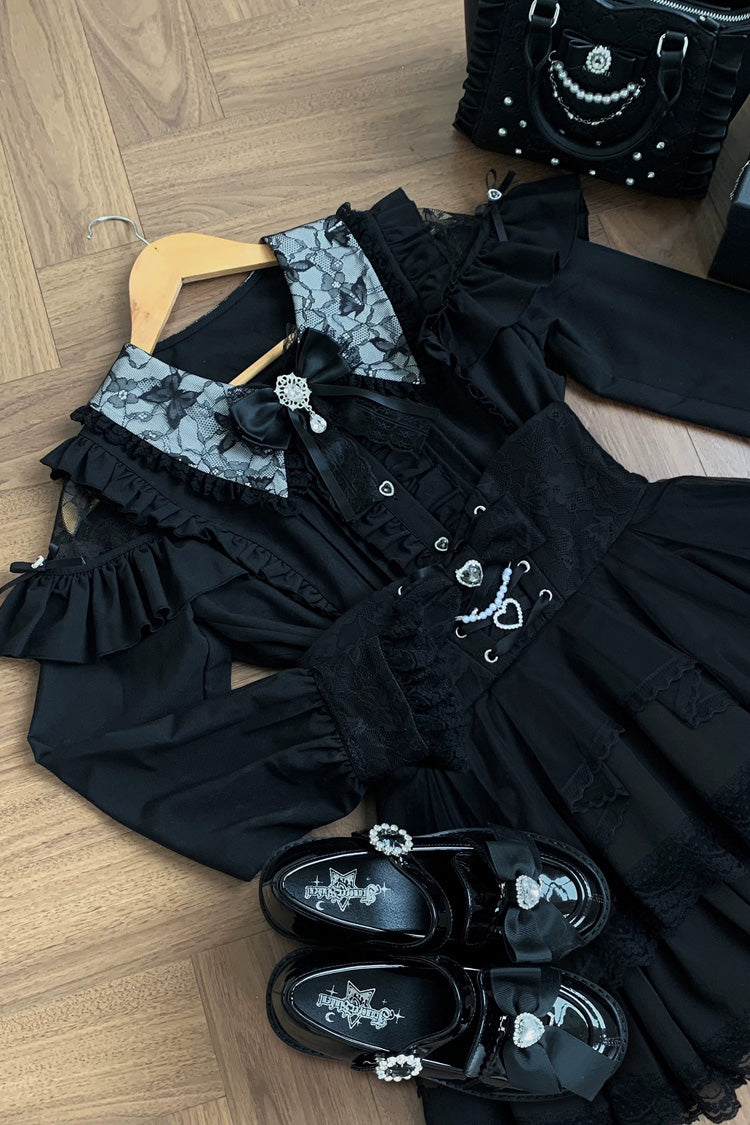 Midnight Lapel Long-Sleeve Layered Ruffled Skirt Set - Dreamy Love Ballad