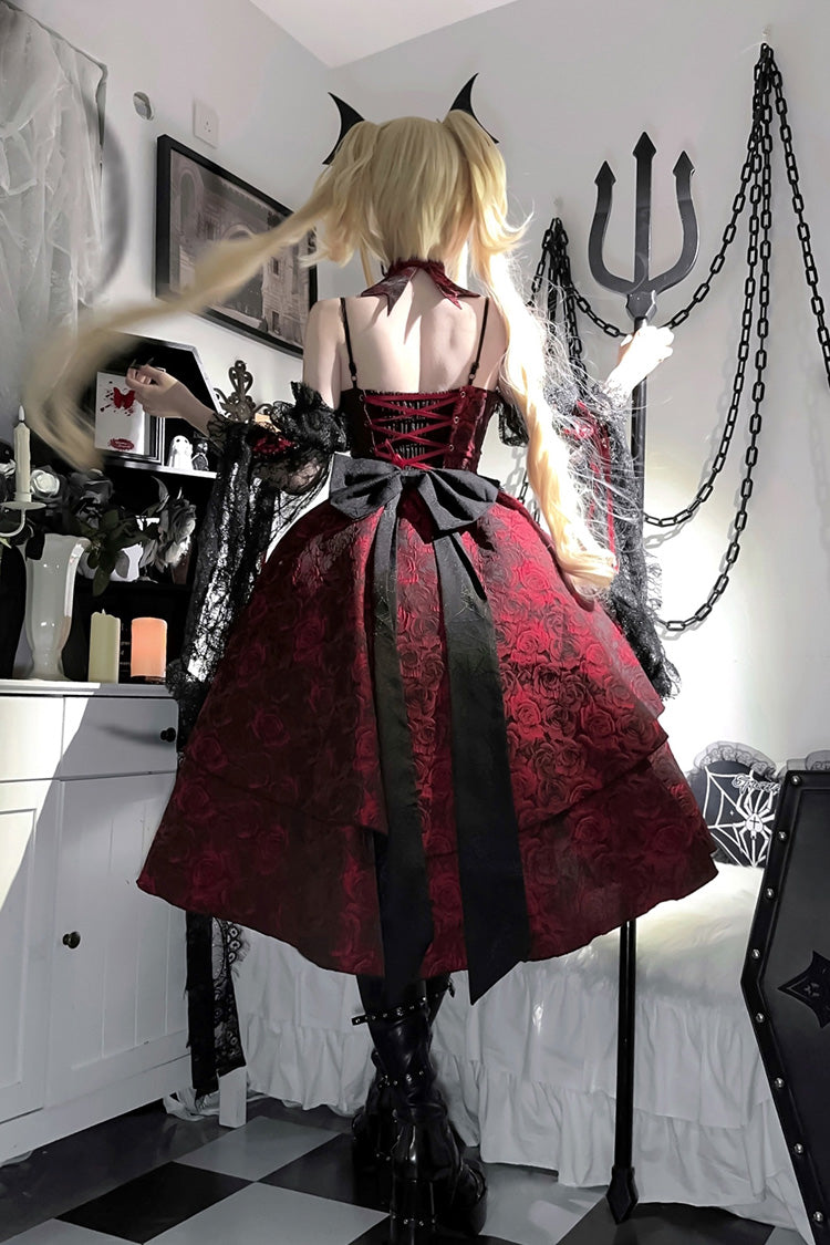 Red Ruffle Embroidery Cardigan Bow Lace Up Gothic Lolita Jsk Dress