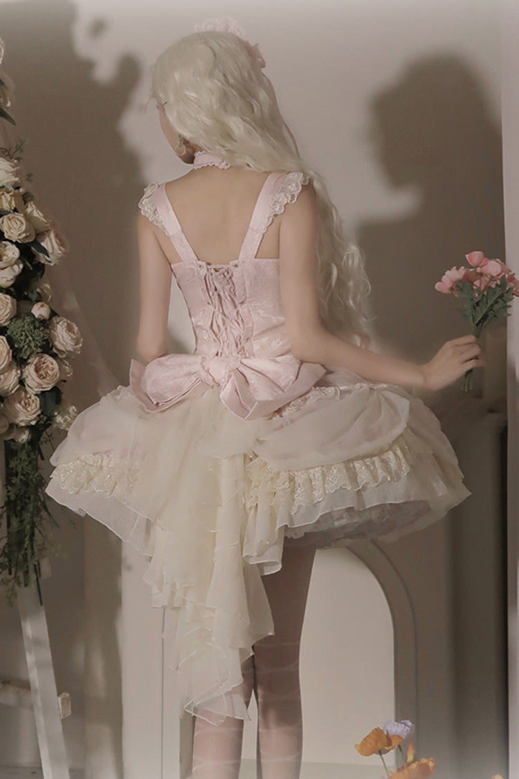 Dream Garden Ruffle Hanayome Embroidery Bow Lace Fishbone Princess Gorgeous JSK Dress in Pink