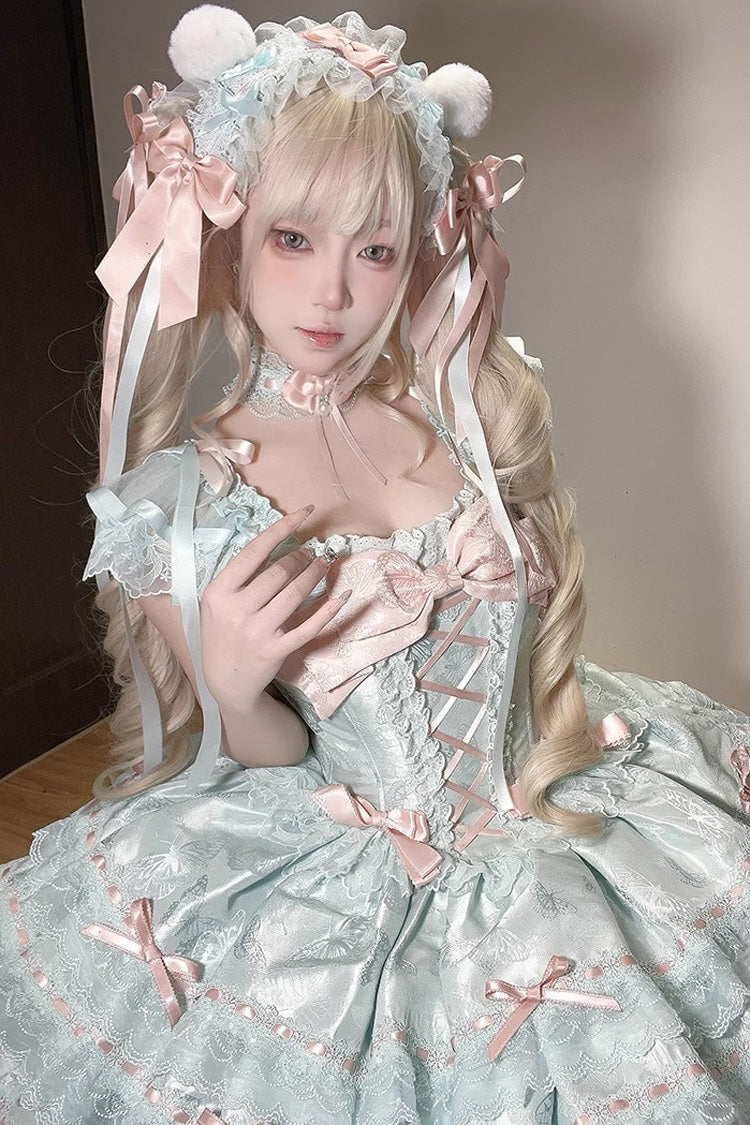 Green Sleeveless Ruffled Bow Lace-Up Sweet Elegant JSK - Flora Isle Butterfly