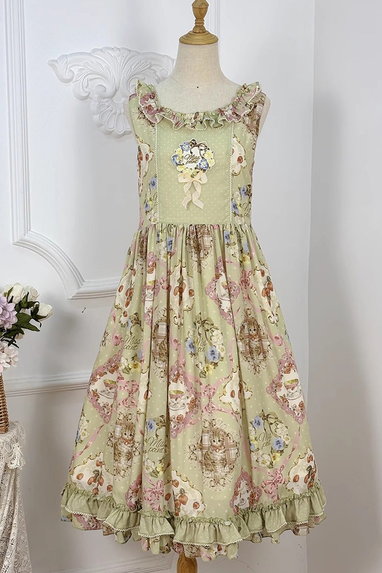 Green Sleeveless Print Ruffle Bowknot Sweet JSK Dress