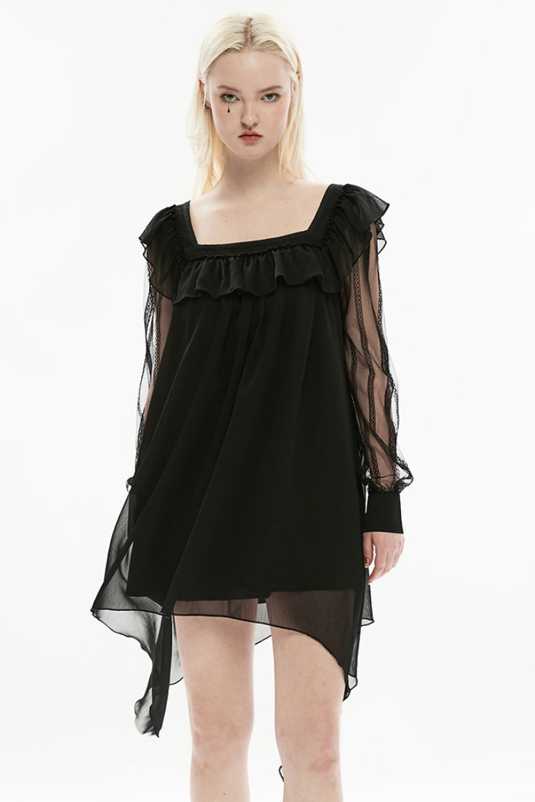 Gothic Bowknot Lace Trim Dress with Detachable Brooch Pin