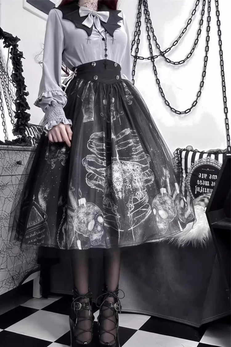 Black Printed Gothic Punk Skirt Set - Halloween Elegant Lolita